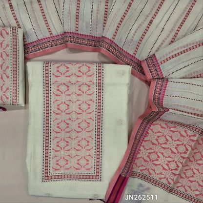 Off white premium jamdani woven silk cotton unstitched salwar material (soft,lining needed)benarasi weaving work on yoke,floral buttas on front,silk cotton bottom,zari & thread woven  premium organza dupatta with rich pallu. JN262511