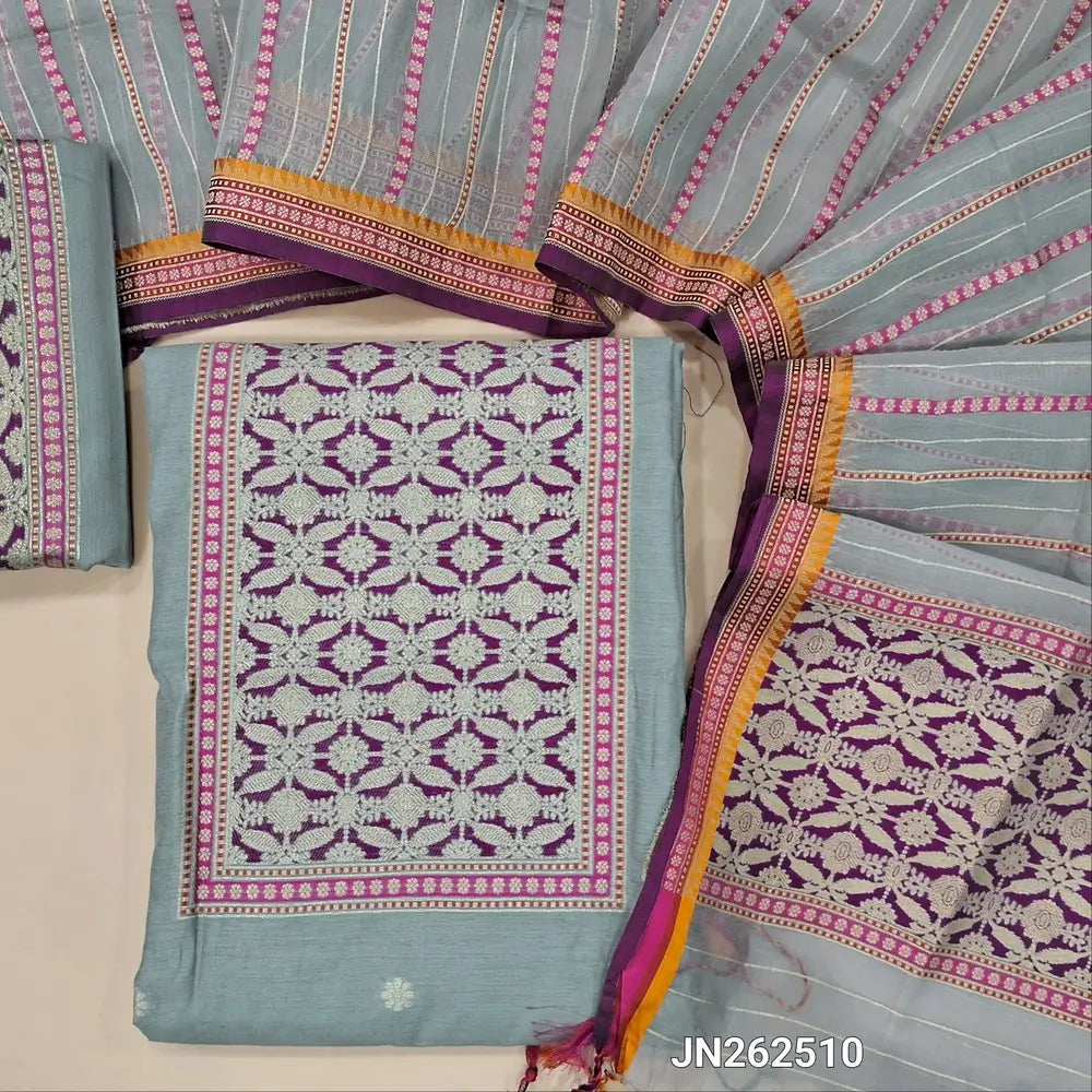 Sliver grey premium jamdani woven silk cotton unstitched salwar material (soft,lining needed)benarasi weaving work on yoke,floral buttas on front,silk cotton bottom,zari & thread woven premium organza dupatta with rich pallu. JN262510