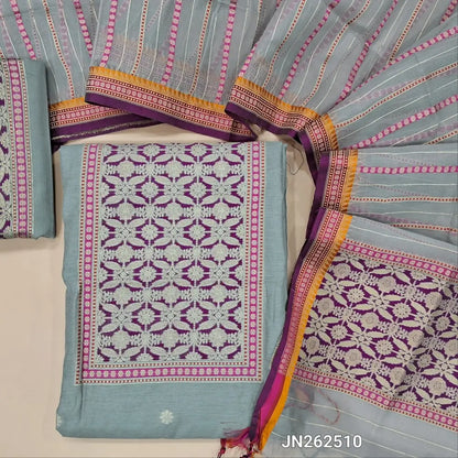 Sliver grey premium jamdani woven silk cotton unstitched salwar material (soft,lining needed)benarasi weaving work on yoke,floral buttas on front,silk cotton bottom,zari & thread woven premium organza dupatta with rich pallu. JN262510