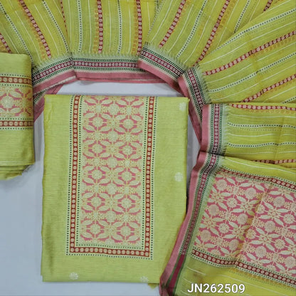 Green premium jamdani woven silk cotton unstitched salwar material (soft,lining needed)benarasi weaving work on yoke,floral buttas on front,silk cotton bottom,zari & thread woven premium organza dupatta with rich pallu. JN262509