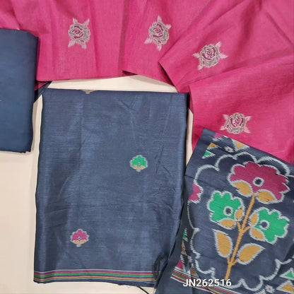 Designer dark blue premium silk unstitched salwar material (light weight,lining needed)jamdhani weaving on front, matching santoon bottom, floral buttas &weaving on silk dupatta with tassles.JN262516