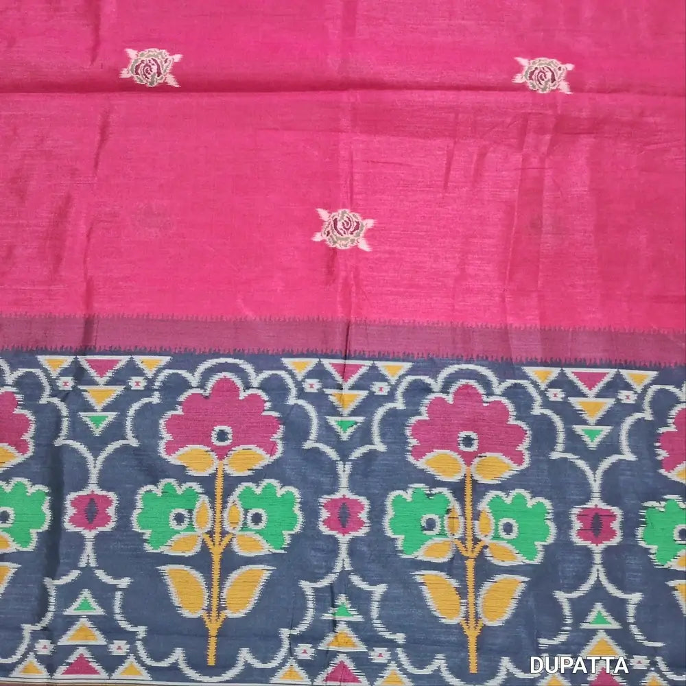 Designer dark blue premium silk unstitched salwar material (light weight,lining needed)jamdhani weaving on front, matching santoon bottom, floral buttas &weaving on silk dupatta with tassles.JN262516