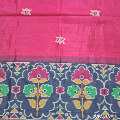 Designer dark blue premium silk unstitched salwar material (light weight,lining needed)jamdhani weaving on front, matching santoon bottom, floral buttas &weaving on silk dupatta with tassles.JN262516