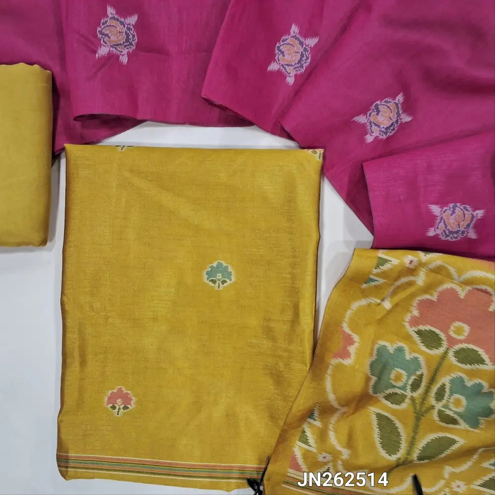 PREORDER SHIPPING AFTER 20 DAYS Designer mehandhi yellow premium silk unstitched salwar material (light weight,lining needed)jamdhani weaving on front, matching santoon bottom, floral buttas &weaving on silk dupatta with tassles.JN262514