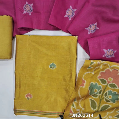 PREORDER SHIPPING AFTER 20 DAYS Designer mehandhi yellow premium silk unstitched salwar material (light weight,lining needed)jamdhani weaving on front, matching santoon bottom, floral buttas &weaving on silk dupatta with tassles.JN262514