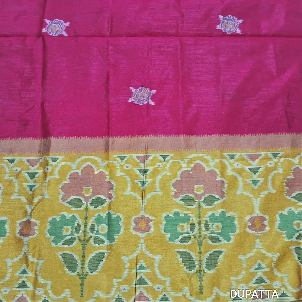 PREORDER SHIPPING AFTER 20 DAYS Designer mehandhi yellow premium silk unstitched salwar material (light weight,lining needed)jamdhani weaving on front, matching santoon bottom, floral buttas &weaving on silk dupatta with tassles.JN262514