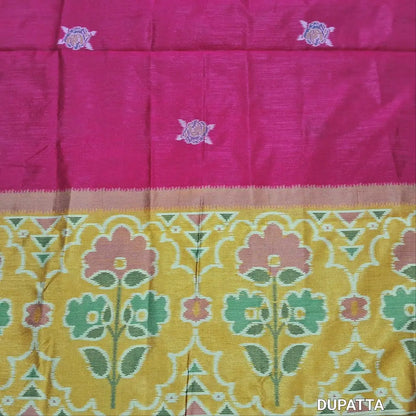 PREORDER SHIPPING AFTER 20 DAYS Designer mehandhi yellow premium silk unstitched salwar material (light weight,lining needed)jamdhani weaving on front, matching santoon bottom, floral buttas &weaving on silk dupatta with tassles.JN262514