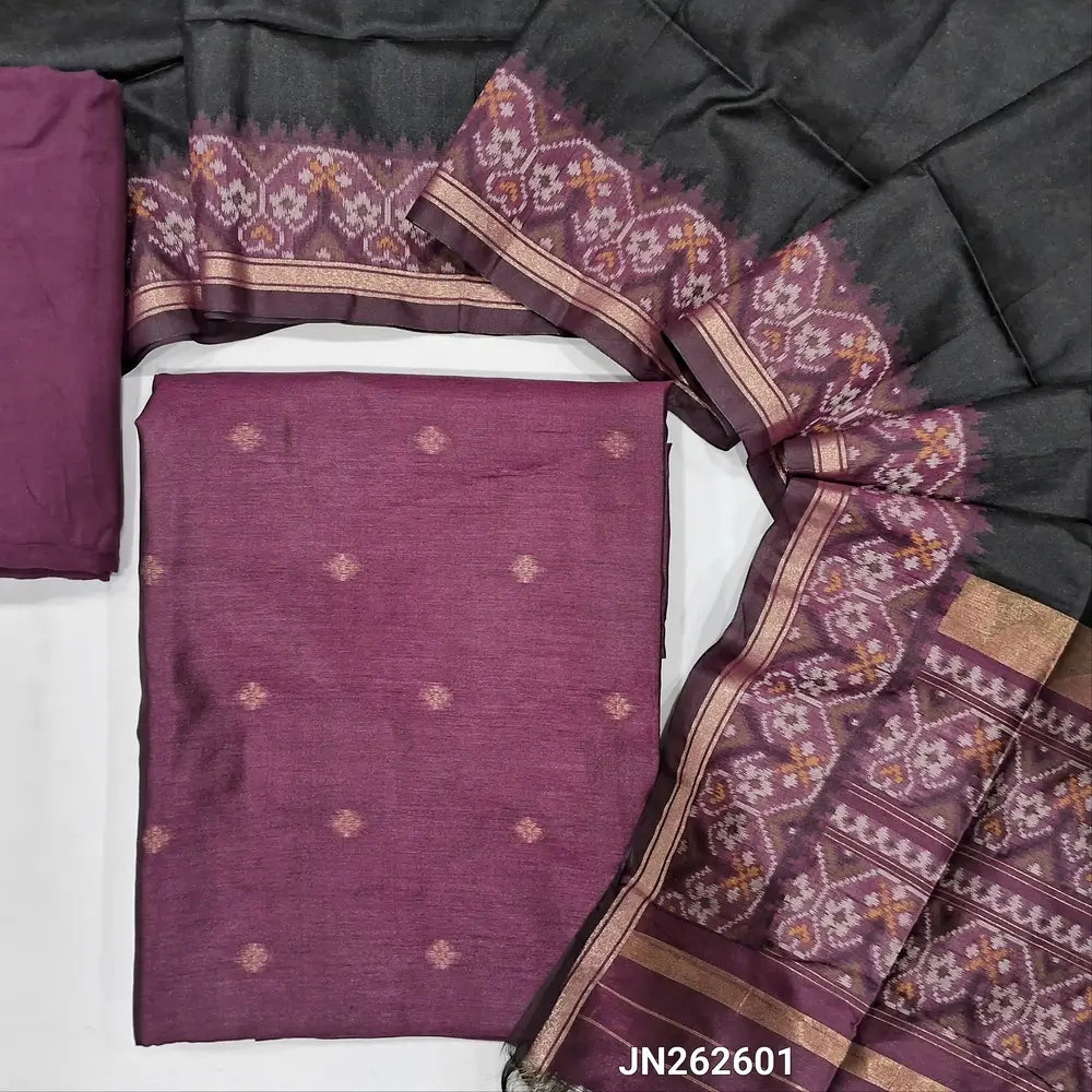 Beetroot purple premium silk unstitched salwar material (light weight,lining needed)zari buttas front,gold tissue border on daman,matching santoon bottom,dual shade jamdani weaving on silk dupatta with rich pallu & tassles.JN262601