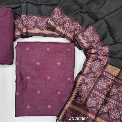 Beetroot purple premium silk unstitched salwar material (light weight,lining needed)zari buttas front,gold tissue border on daman,matching santoon bottom,dual shade jamdani weaving on silk dupatta with rich pallu & tassles.JN262601