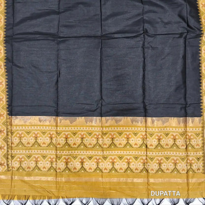 Mehandhi yellow premium silk unstitched salwar material (light weight,lining needed)zari buttas front,gold tissue border on daman,matching santoon bottom,dual shade jamdani weaving on silk dupatta with rich pallu & tassles.JN262604