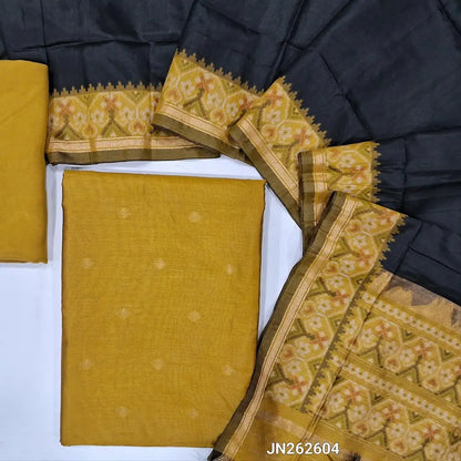 Mehandhi yellow premium silk unstitched salwar material (light weight,lining needed)zari buttas front,gold tissue border on daman,matching santoon bottom,dual shade jamdani weaving on silk dupatta with rich pallu & tassles.JN262604