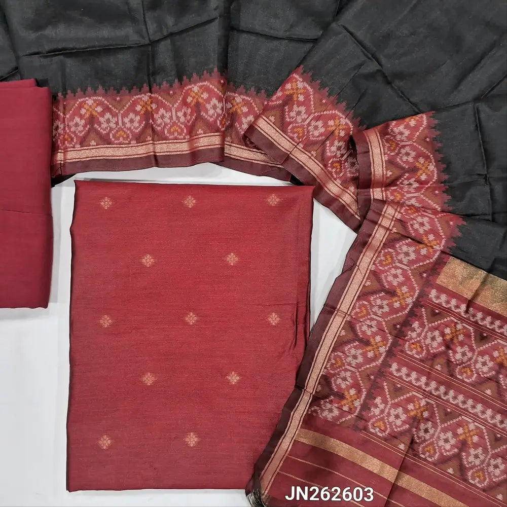 Reddish maroon premium silk unstitched salwar material (light weight,lining needed)zari buttas front,gold tissue border on daman,matching santoon bottom,dual shade jamdani weaving on silk dupatta with rich pallu & tassles.JN262603