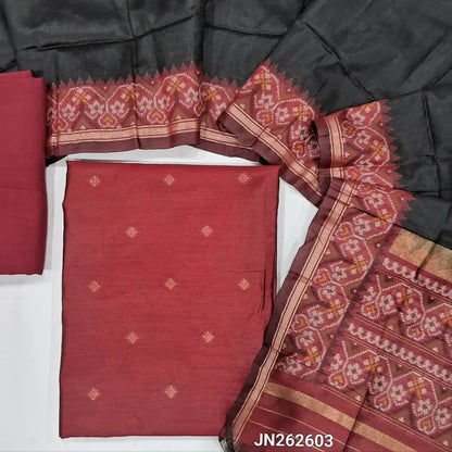Reddish maroon premium silk unstitched salwar material (light weight,lining needed)zari buttas front,gold tissue border on daman,matching santoon bottom,dual shade jamdani weaving on silk dupatta with rich pallu & tassles.JN262603