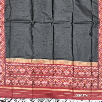 Reddish maroon premium silk unstitched salwar material (light weight,lining needed)zari buttas front,gold tissue border on daman,matching santoon bottom,dual shade jamdani weaving on silk dupatta with rich pallu & tassles.JN262603