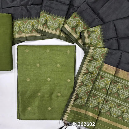 Leafy green premium silk unstitched salwar material (light weight,lining needed)zari buttas front,gold tissue border on daman,matching santoon bottom,dual shade jamdani weaving on silk dupatta with rich pallu & tassles.JN262602