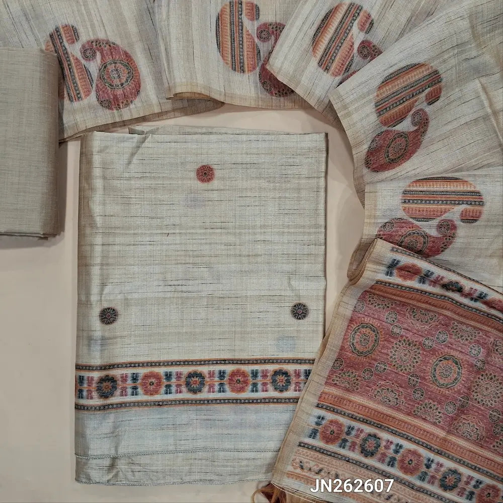 Designer beige premium tussar silk unstitched salwar material,(lining needed)weaving work on yoke,jamdani woven buttas on front & daman, silk cotton bottom, thread jamdani woven on full length tussar silk dupatta with tassels.JN262607