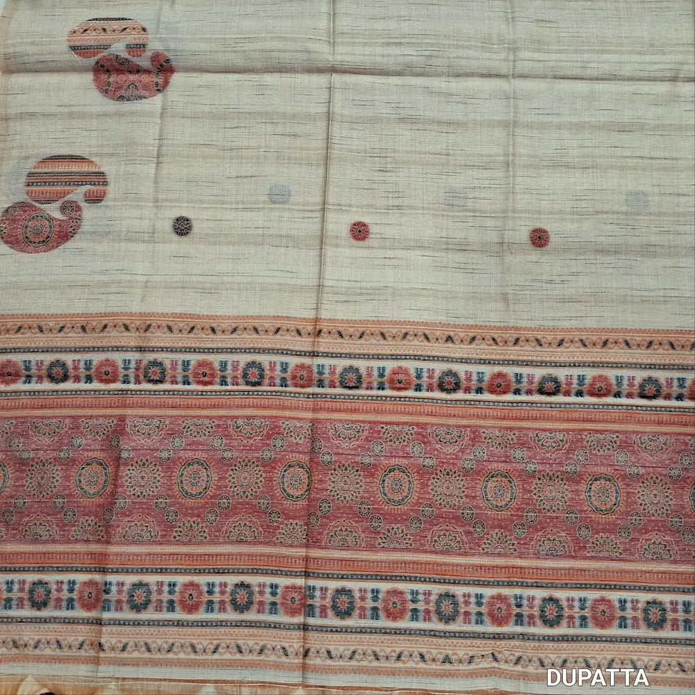 Designer beige premium tussar silk unstitched salwar material,(lining needed)weaving work on yoke,jamdani woven buttas on front & daman, silk cotton bottom, thread jamdani woven on full length tussar silk dupatta with tassels.JN262607