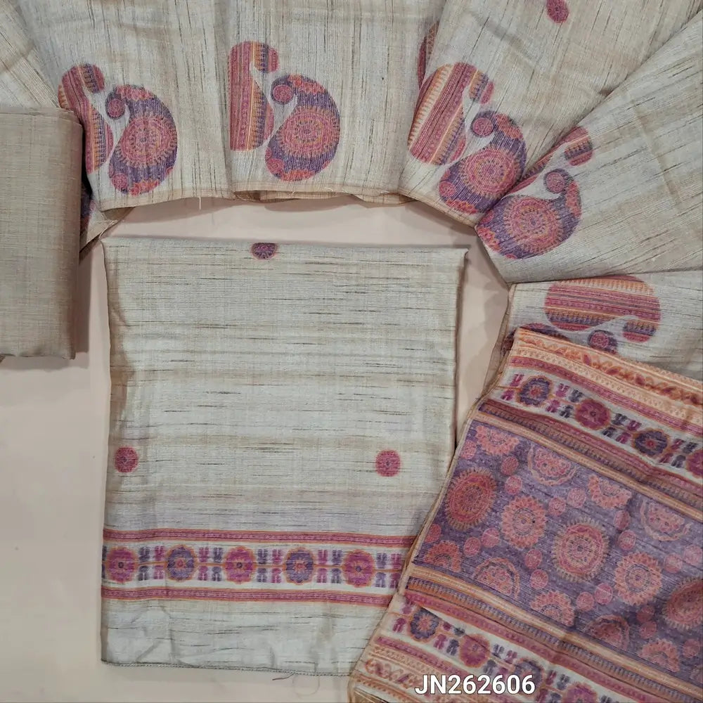 Designer beige premium tussar silk unstitched salwar material,(lining needed)weaving work on yoke,jamdani woven buttas on front & daman, silk cotton bottom, thread jamdani woven on full length tussar silk dupatta with tassels.JN262606