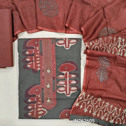 Brown & maroon pure cotton unstitched salwar material (soft,lining optional)floral printed, zari detailing & real mirror work on yoke, zari printed all over,maroon cotton bottom,block printed kota dupatta. JN262605