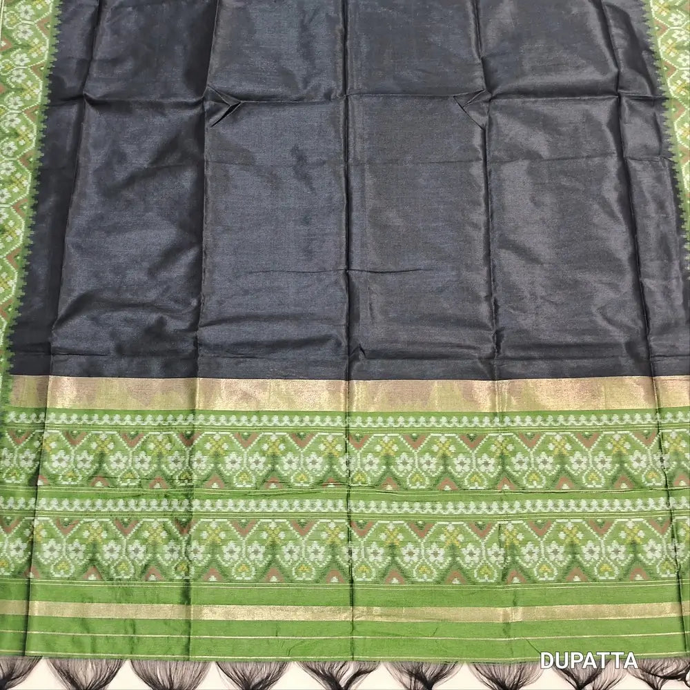 Leafy green premium silk unstitched salwar material (light weight,lining needed)zari buttas front,gold tissue border on daman,matching santoon bottom,dual shade jamdani weaving on silk dupatta with rich pallu & tassles.JN262602