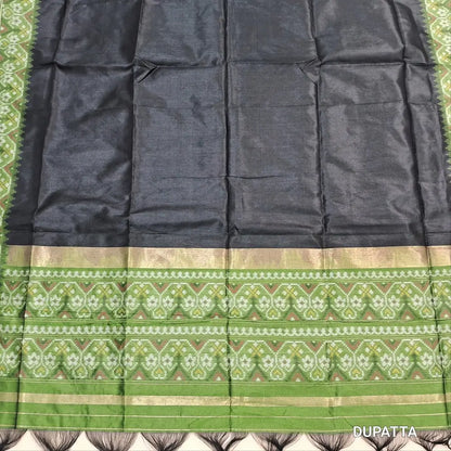 Leafy green premium silk unstitched salwar material (light weight,lining needed)zari buttas front,gold tissue border on daman,matching santoon bottom,dual shade jamdani weaving on silk dupatta with rich pallu & tassles.JN262602