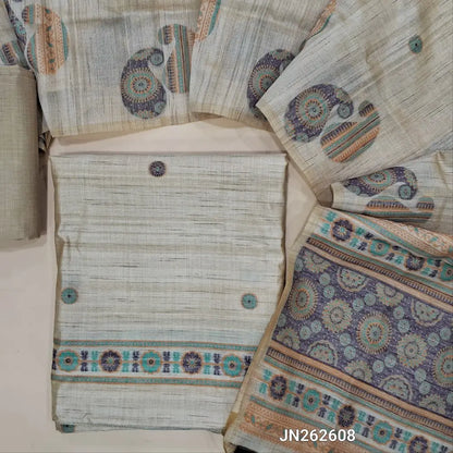 Designer beige premium tussar silk unstitched salwar material,(lining needed)weaving work on yoke,jamdani woven buttas on front & daman, silk cotton bottom, thread jamdani woven on full length tussar silk dupatta with tassels.JN262608