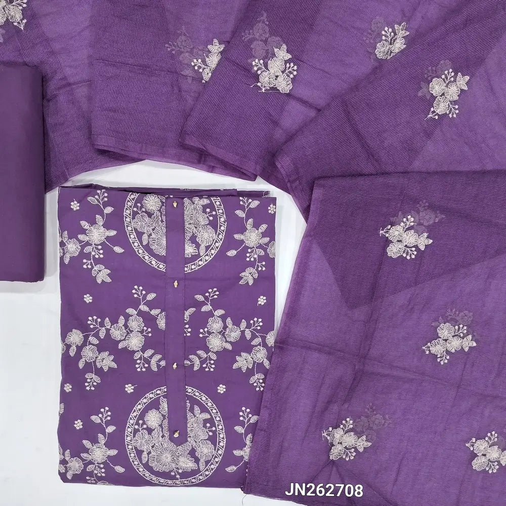 Designer purple pure cotton unstitched salwar material,rich thread embroidery work all over( lining optional)matching cotton bottom,super net floral embroidery work on soft dupatta. JN262708