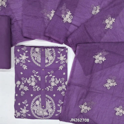 Designer purple pure cotton unstitched salwar material,rich thread embroidery work all over( lining optional)matching cotton bottom,super net floral embroidery work on soft dupatta. JN262708
