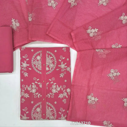 Designer pink pure cotton unstitched salwar material,rich thread embroidery work all over( lining optional)matching cotton bottom,super net floral embroidery work on soft dupatta. JN262710