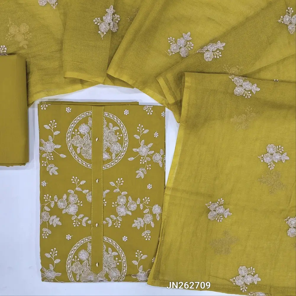 Designer mehandhi yellow pure cotton unstitched salwar material,rich thread embroidery work all over( lining optional)matching cotton bottom,super net floral embroidery work on soft dupatta. JN262709