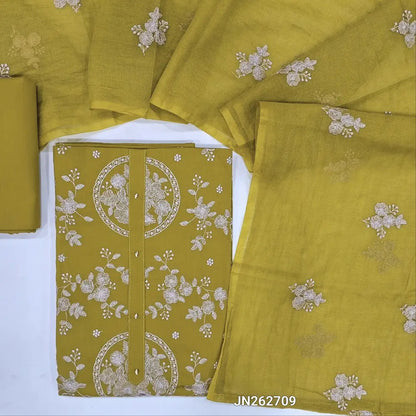 Designer mehandhi yellow pure cotton unstitched salwar material,rich thread embroidery work all over( lining optional)matching cotton bottom,super net floral embroidery work on soft dupatta. JN262709