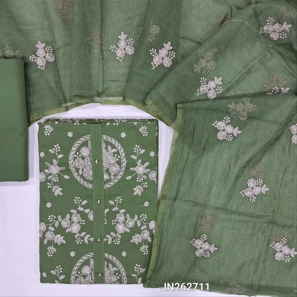 Designer green shade pure cotton unstitched salwar material,rich thread embroidery work all over( lining optional)matching cotton bottom,super net floral embroidery work on soft dupatta. JN262711