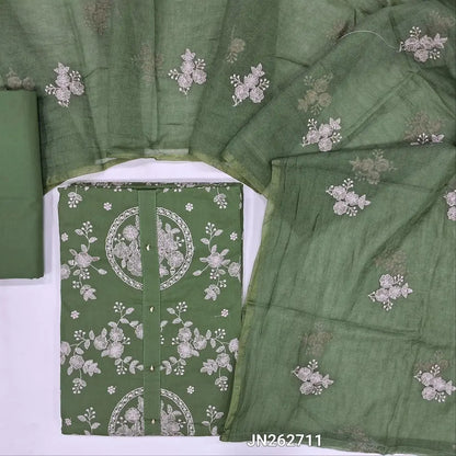 Designer green shade pure cotton unstitched salwar material,rich thread embroidery work all over( lining optional)matching cotton bottom,super net floral embroidery work on soft dupatta. JN262711
