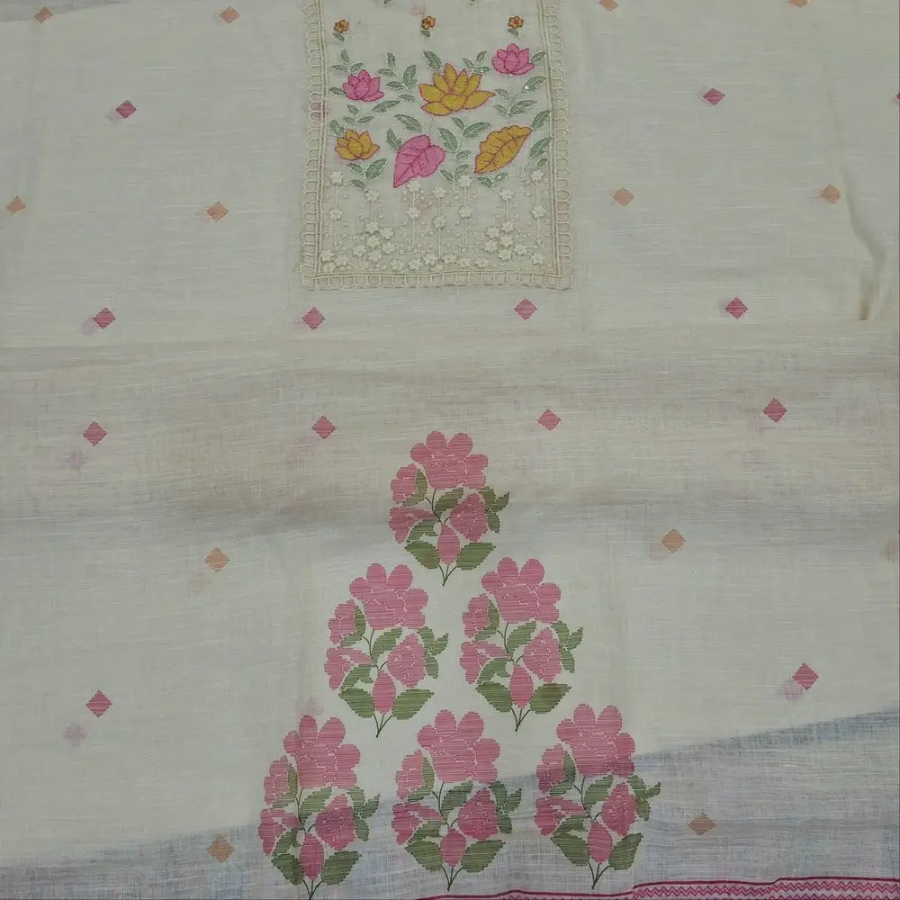 Off white premium linen unstitched salwar material,thread embroidery work on yoke, floral printed on daman(lining needed) matching spun cotton bottom,floral printed premium semi linen dupatta with silver tissue borders. JN262707