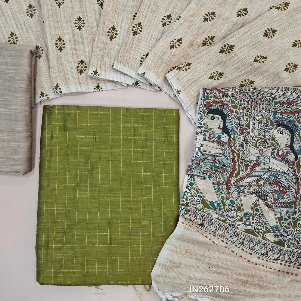 Mossy green slub silk cotton unstitched salwar material,checked zari design all over (lining needed)beige silk cotton bottom, jute cotton dupatta with madhubani printed pallu. JN262706