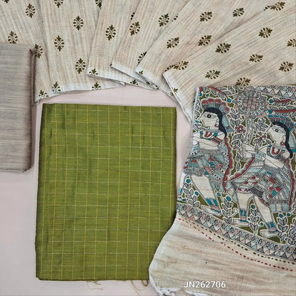 Mossy green slub silk cotton unstitched salwar material,checked zari design all over (lining needed)beige silk cotton bottom, jute cotton dupatta with madhubani printed pallu. JN262706