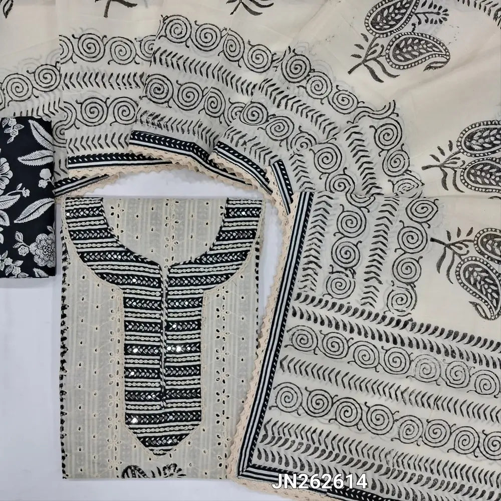 Off white & black pure cotton unstitched salwar material,bead, zardozi & cut work on yoke, penal schiffli detailing (lining optional)printed cotton bottom, block printed pure cotton full length dupatta with lace tapings. JN262614