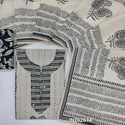 Off white & black pure cotton unstitched salwar material,bead, zardozi & cut work on yoke, penal schiffli detailing (lining optional)printed cotton bottom, block printed pure cotton full length dupatta with lace tapings. JN262614