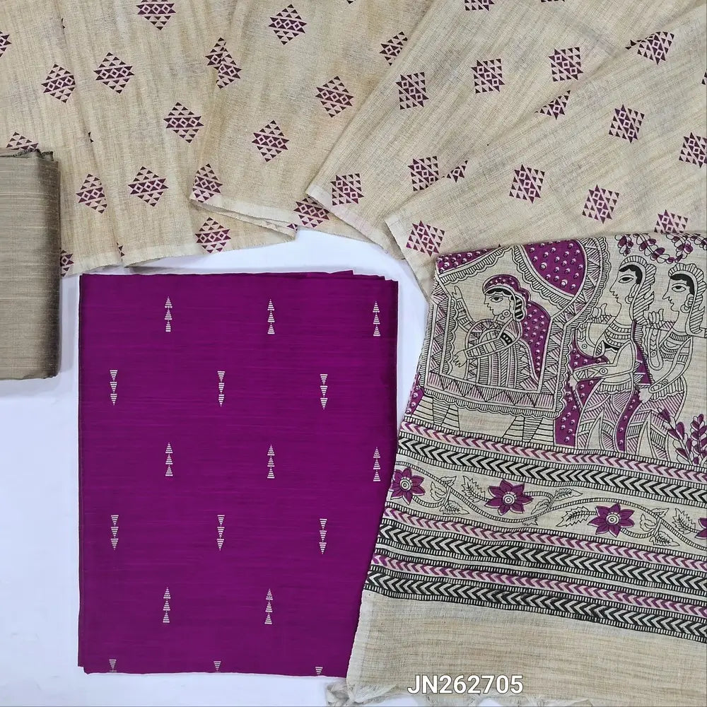 Bright purple slub silk cotton unstitched salwar material,checked zari design all over (lining needed)beige silk cotton bottom, jute cotton dupatta with madhubani printed pallu. JN262705