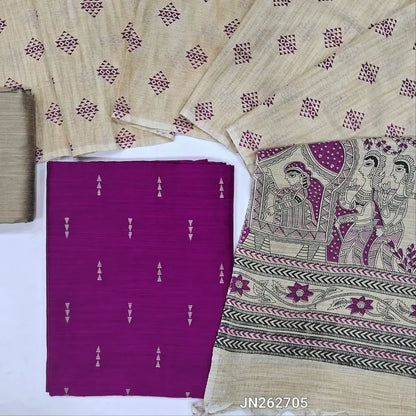 Bright purple slub silk cotton unstitched salwar material,checked zari design all over (lining needed)beige silk cotton bottom, jute cotton dupatta with madhubani printed pallu. JN262705