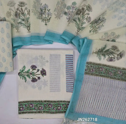 Designer off white base premium khadi linen unstitched salwar material (BLUE)(lining needed) hand block printed allover, block printed cotton bottom,hand block printed pure kota cotton dupatta.JN262718