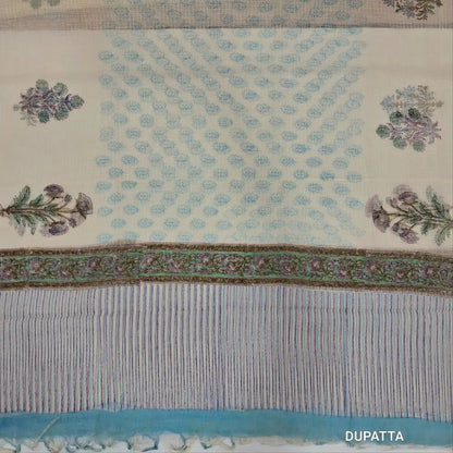 Designer off white base premium khadi linen unstitched salwar material (BLUE)(lining needed) hand block printed allover, block printed cotton bottom,hand block printed pure kota cotton dupatta.JN262718