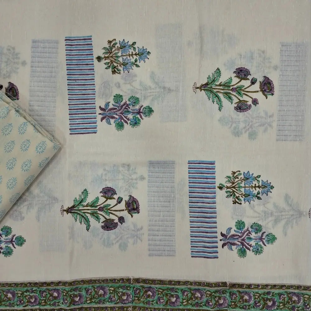 Designer off white base premium khadi linen unstitched salwar material (BLUE)(lining needed) hand block printed allover, block printed cotton bottom,hand block printed pure kota cotton dupatta.JN262718