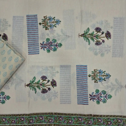 Designer off white base premium khadi linen unstitched salwar material (BLUE)(lining needed) hand block printed allover, block printed cotton bottom,hand block printed pure kota cotton dupatta.JN262718