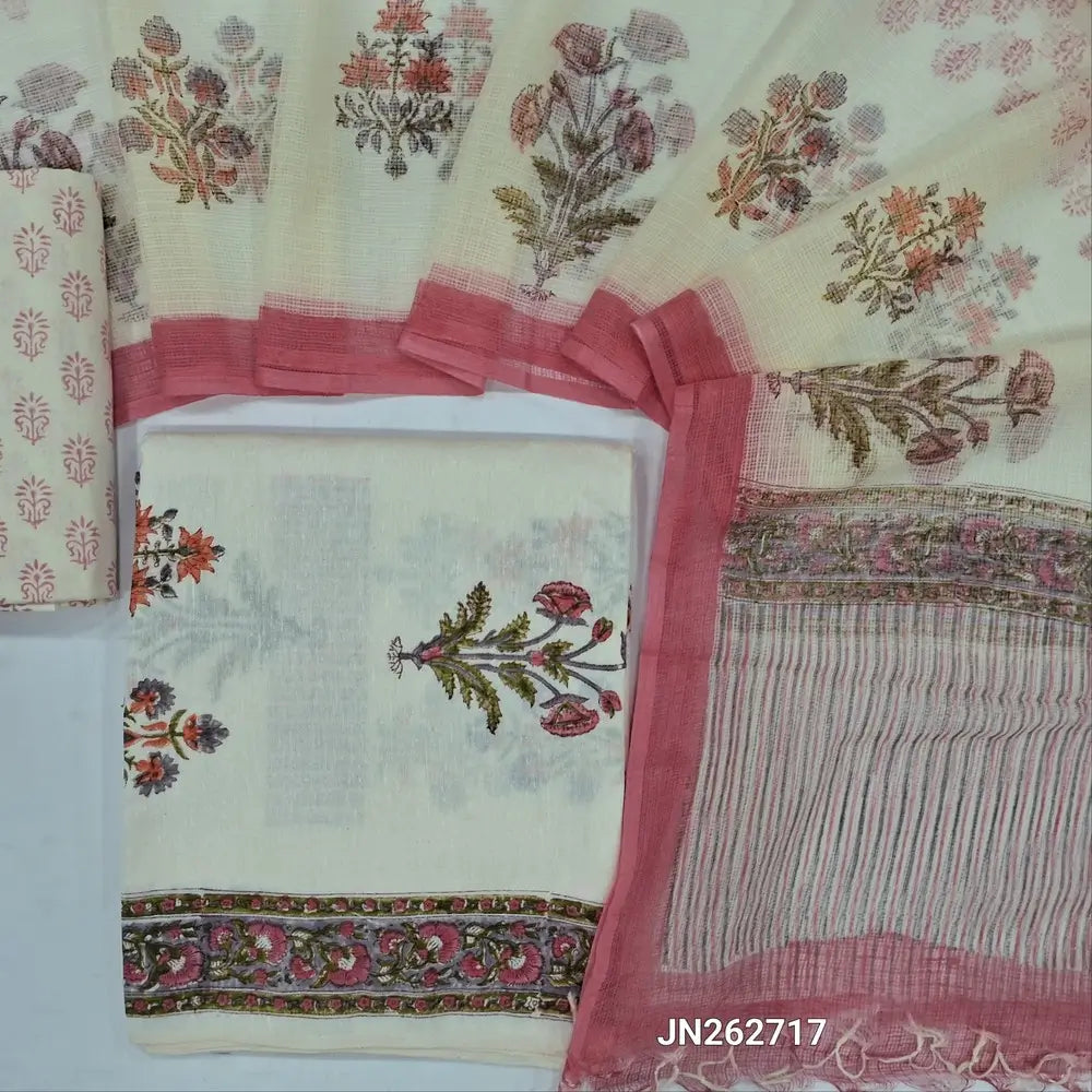 Designer off white base premium khadi linen unstitched salwar material (PINK)(lining needed) hand block printed allover, block printed cotton bottom,hand block printed pure kota cotton dupatta.JN262717