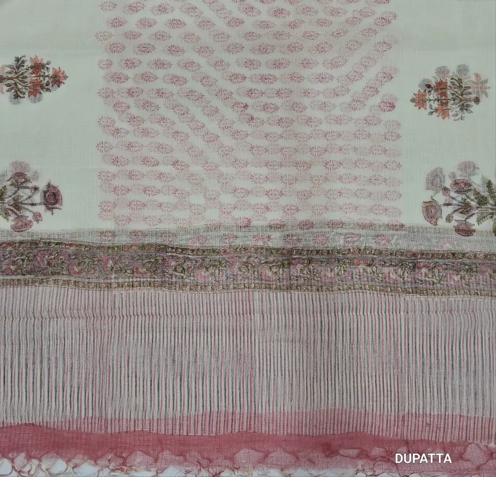 Designer off white base premium khadi linen unstitched salwar material (PINK)(lining needed) hand block printed allover, block printed cotton bottom,hand block printed pure kota cotton dupatta.JN262717