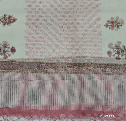 Designer off white base premium khadi linen unstitched salwar material (PINK)(lining needed) hand block printed allover, block printed cotton bottom,hand block printed pure kota cotton dupatta.JN262717