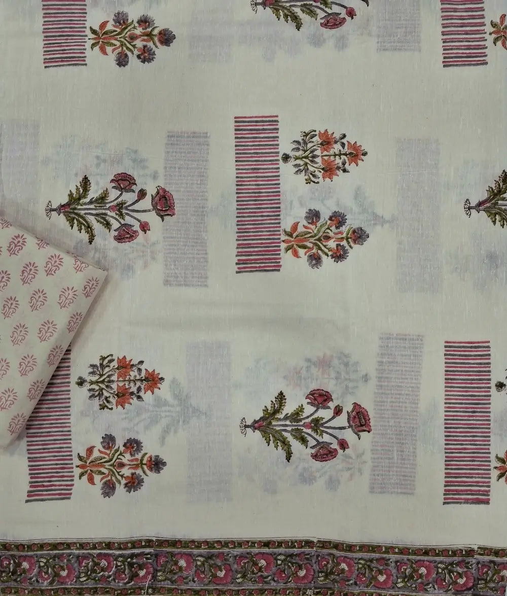 Designer off white base premium khadi linen unstitched salwar material (PINK)(lining needed) hand block printed allover, block printed cotton bottom,hand block printed pure kota cotton dupatta.JN262717