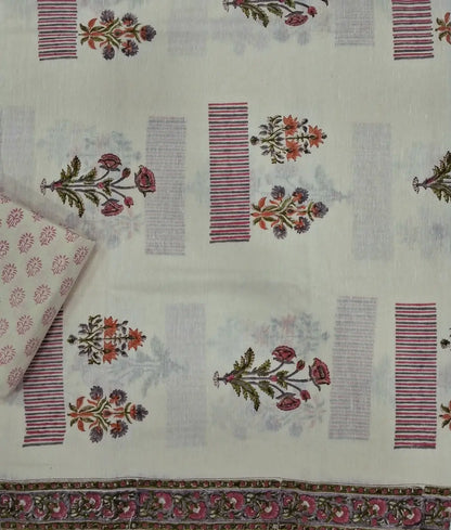 Designer off white base premium khadi linen unstitched salwar material (PINK)(lining needed) hand block printed allover, block printed cotton bottom,hand block printed pure kota cotton dupatta.JN262717