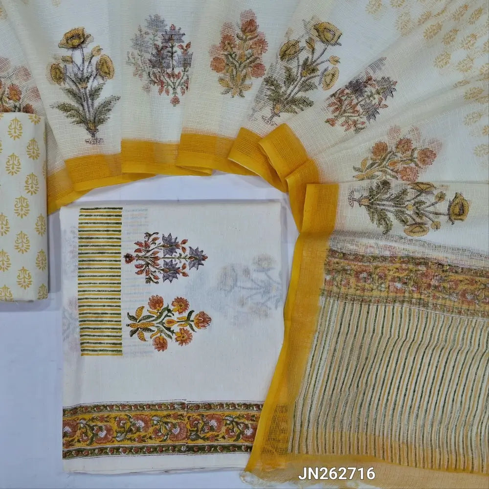 Designer off white base premium khadi linen unstitched salwar material (YELLOW)(lining needed) hand block printed allover, block printed cotton bottom,hand block printed pure kota cotton dupatta.JN262716